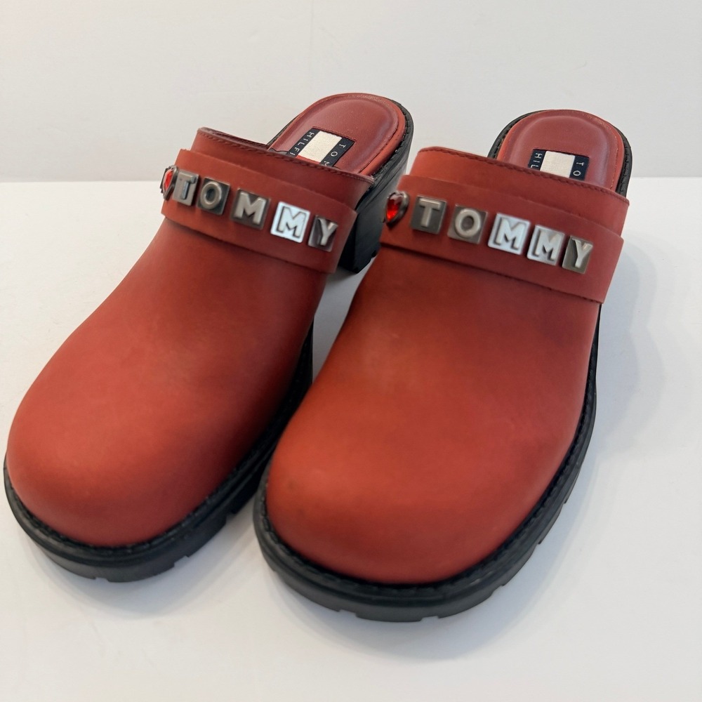 90s Y2K Tommy Hilfiger Clog Mules Size 7.5M Rhinestones Red Leather Phoebe